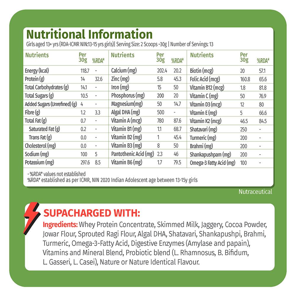 Hi-Protein Power Shake | Girls 13+ Years | For Growth, Mental Focus, Hormonal Balance | 400 gm | 13 Serves